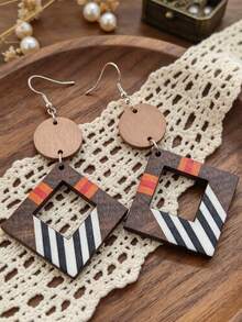 1 Pair Colorblock Striped Wooden Earrings For Women, Vintage Round Disc Patchwork Hollow Geometric Square Earrings - Multicolor - View 5