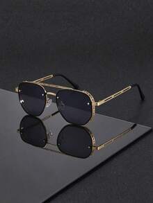 1 Pair Fashion Unisex Photo Essential Glasses, Multiple Colors Available, High-End Minimalist Round Frame Design, Suitable For Men And Women - Gold - View 1