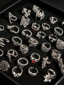 10/20pcs/Set Vintage Punk Gothic Style Unisex Rings, Big Eye Heart Shape Design, Holiday Party Gift, Friend Gift, Daily Wear Accessory - Open Retro Punk Ring - View 5