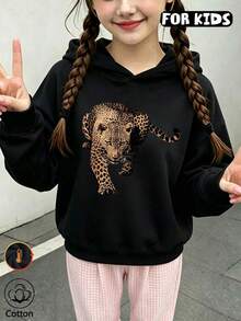 Tween Girl Leopard Animal Graphic Hooded Sweatshirt, Casual Long Sleeve Pullover Hoodie - Black - View 3