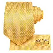 4Pcs Formal Suit Accessory Kit, Yellow Honeycomb Pattern Tie, Pocket Square, Cufflinks & Tie Clip, Random Cufflink Design - Yellow - View 3