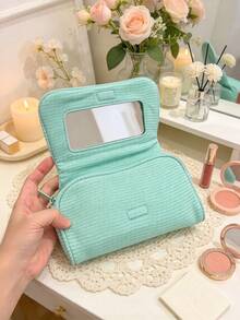 1pc Cute Zipper Cosmetic Bag With Mirror Striped Polka Dot Makeup Pouch Portable Toiletry Storage Bag Aesthetic Small Coin Wallet For Daily & Travel - Multicolor - View 7