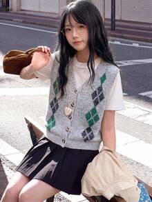 Alicedudu Women's Autumn Casual Minimalist Floral Print Contrast Color Knit Cardigan Vest - Grey - View 1