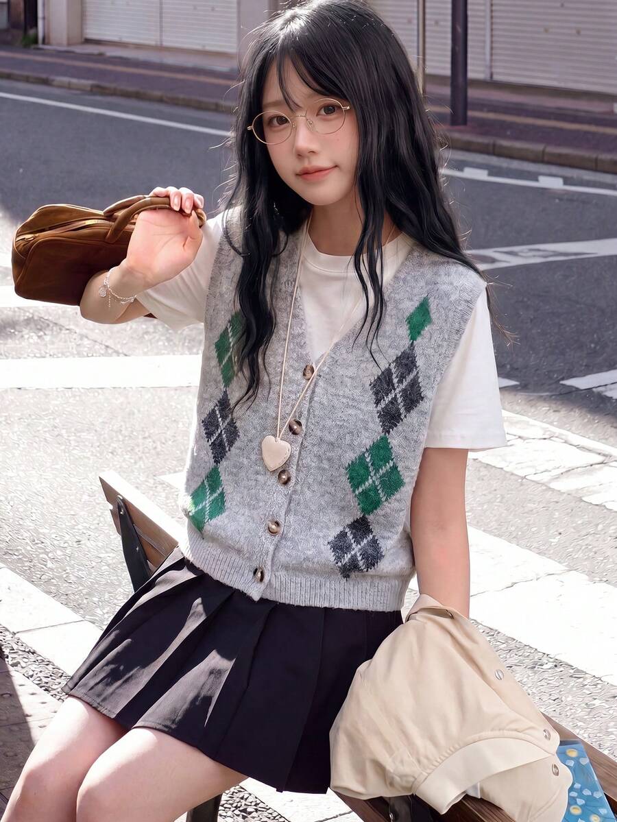 Alicedudu Women's Autumn Casual Minimalist Floral Print Contrast Color Knit Cardigan Vest - Grey - View 1