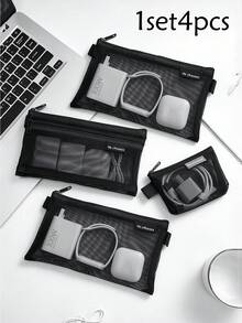 1 Set 4pcs Minimalist Transparent Mesh Storage Bag Set, Mesh Makeup Bag, Portable Coin Purse, Stationery Pencil Case, Zippered Travel Toiletry Bag, Suitable For Home Office Cable Storage Accessories, Portable Coin Purse For Outings, Can Store Cards, Keys And More - Multicolor - View 16