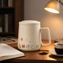 Kawaii Cat Mug With Lid, Cute Cartoon Animal Ceramic Cup For Coffee, Tea, Milk, [Approx. 400ml] Fun Hand-Painted Sun And Cat Design, Ideal Gift For Cat Lovers And Friends - White - View 2