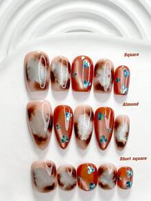 秋季 10片琥珀混色風手工穿戴甲 Polygel 凝膠美甲套組，亮片棕色指甲油，復古溫柔風，3種尺寸可選，方型、短方型、杏仁型，適合派對、舞蹈、日常配戴（手工細節可能有所不同） - 彩色 - 查看 1