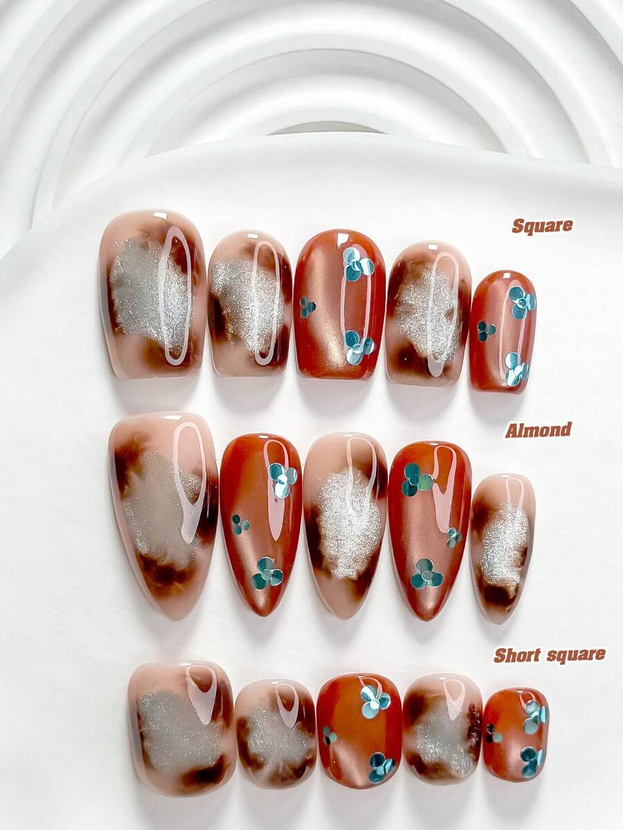 秋季 10片琥珀混色風手工穿戴甲 Polygel 凝膠美甲套組，亮片棕色指甲油，復古溫柔風，3種尺寸可選，方型、短方型、杏仁型，適合派對、舞蹈、日常配戴（手工細節可能有所不同） - 彩色 - 查看 1