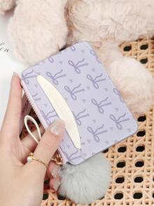 Fashionable Bow Printed Zipper Card Bag, Adorned With A Delicate Pom-Pom, Large Capacity Credit Card Package, Suitable For Outdoor Use - Hot Pink - View 11