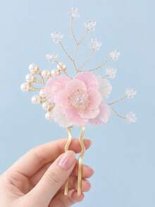 1Pc Elegant Flower Faux Pearl U Shaped Hair Fork, Bridal Hair Pin Wedding Party Hair Accessory For Women - Multicolor - View 8