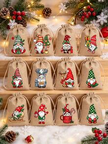 50/24/12/1pc Christmas Style Burlap Drawstring Gift Pouch, Rectangular Sack With Cute Gnome Print Pattern,Drawstring Closure For Gift Storage, Gift Packaging Bag,Party Favor Sack For Christmas Holiday Gift Wrapping Christmas Gift Bag Christmas Decor - Multicolor - View 1