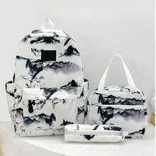 Chinese Ink Wash Landscape Print 3Pcs Backpack Set, Large Capacity School Backpack With Lunch Bag & Pencil Case, Lightweight Bookbag For Students - Black - View 4