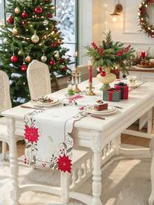 ABEST6522 Home&Living store 1 buah Taplak Meja Bordir Poinsettia Natal, Campuran Poliester dan Linen, Bendera Meja Meriah, Dekorasi Meja Makan Liburan Natal untuk Pesta Pernikahan dan Dekorasi Rumah - MultiWarna - View 7