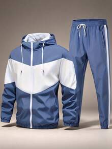 Men's Autumn Colorblock 2 Pieces Sports Set, Hooded Zip-Up Jacket + Side Stripe Jogger Pants, Casual Streetwear Daily Outfit - Blue - View 8