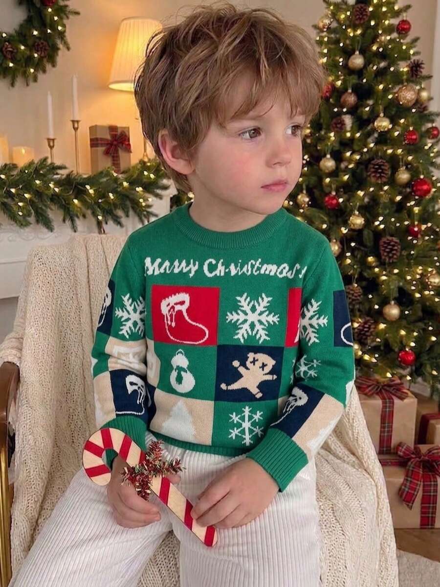 Sweater Rajut Lengan Panjang Leher Bulat Motif Kepingan Salju dan Kotak-kotak Lucu untuk Anak Laki-laki, Cocok untuk Natal, Santai Sehari-hari, Musim Semi, Musim Gugur, Musim Dingin - Hijau - View 1