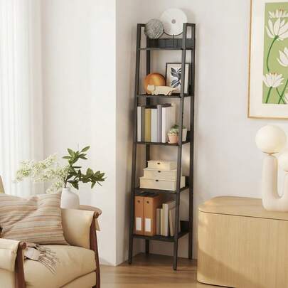 VASAGLE Ladder Bookcase, 5-Tier Bookcase, Narrow Shelving Unit For Home Office, Living Room, Bedroom, Kitchen, Industrial, Ebony Black