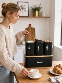 Kitchen Food Storage Canister Set, Bread Box Set,Tea Coffee Sugar Jars With Bamboo Lids, Metal Airtight Containers & Bread Bin, Space Saving Countertop Food Storage Organizer For Pantry, Easy To Clean,2 Styles Optional - View 5