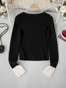 2026 Square Neck Double-Breasted Gold Button Ribbed Knit Cardigan, Black & White Contrast Color Fuzzy Cuffs Short Slim Fit Flattering Long Sleeve Jacket - Black - View 7
