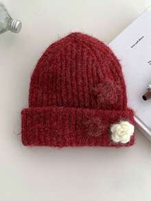 Handmade Crochet Beanie With 3D Flower, Floral Knit Winter Hat For Women, Warm Ear-Covering Hat, Face-Slimming Design, Atmosphere Style - Multicolor - View 17
