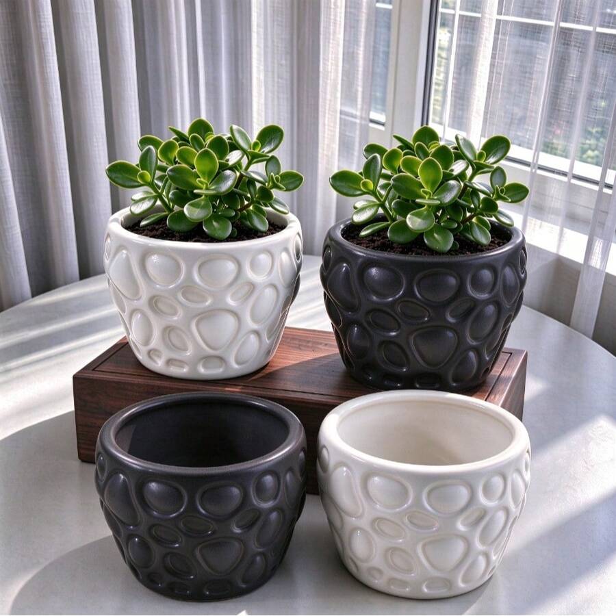 1pc Nordic Style Embossed Texture Planter, ABS Resin Printed Pebble Design 8*5.5cm, Suitable For Living Room, Balcony Greenery, Office Desk, Desktop Potted Plants, Dorm Decor Ornament Planter - A - View 1