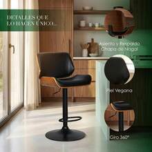 Taburete de Bar Ajustable con Pistón de Gas y Giratorio 360°, Silla de Bar Tapizada en Piel Vegana Negra con Estructura de Madera Curvada Chapa de Nogal, Base de Metal Negro y Reposapiés, Diseño Mid-Century para Barra de Cocina, 51 * 52 * 92-112.5 cm - Negro - Ver 7