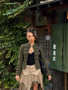 Women's Military Style Stand Collar Button-Up Jacket, Vintage Long Sleeve Utility Jacket, Slim Fit Versatile Autumn Street Casual Top - Army Green - View 1