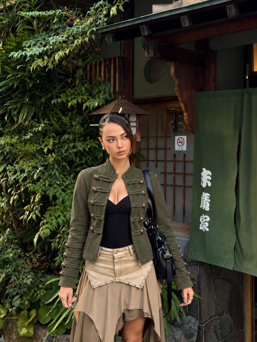 Women's Military Style Stand Collar Button-Up Jacket, Vintage Long Sleeve Utility Jacket, Slim Fit Versatile Autumn Street Casual Top - Army Green - View 1