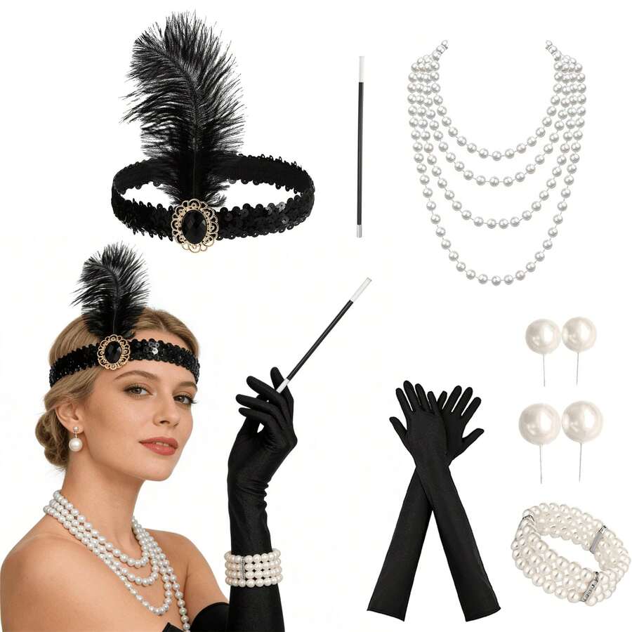 7pcs 1920s Vintage Accessories, Including Headpiece, Necklace, Bracelet, Gloves, Costume Props And 2 Pairs Of Earrings, Suitable For Halloween Theme Matching - Multicolor - View 1