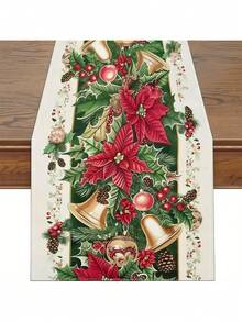1PC Festive Charm, Christmas Cheer Table Runner - Red Flowers, Bells & Tree Design | Polyester, Rectangular | Ideal For Holiday Decor, Family Gatherings & Kitchen Festivities - Ginger - View 2