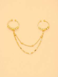 1pc Multi-Layer Chain Double Finger Connected Ring, Gold Bead Decorated Exquisite Double Finger Linked Chain Ring, Daily Casual Party Wear Accessory - Rhinestones - View 11