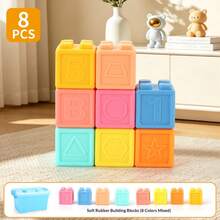 Large Particle Soft Rubber Building Blocks, Soft Rubber Material, Odorless, Chewable. Can Be Sterilized With Boiling Water, 3D Embossed Numbers, Letters, Fruit, Vegetable And Animal Patterns, Stacking And Assembling, Exercising Hand-Eye Coordination, Early Education Cognition, Soft Macaron Color Scheme, Large Particles Prevent Swallowing, Suitable As Birthday Gift, Holiday Gift (Mixed Color And Style Randomly Sent) - Multicolor - View 7