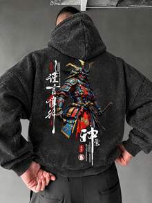 Men's Washed Distressed Hooded Sweatshirt, Autumn/Winter Japanese Armor Samurai Print, Loose Fit Drop Shoulder Retro Streetwear Pullover Hoodie - Black - View 3