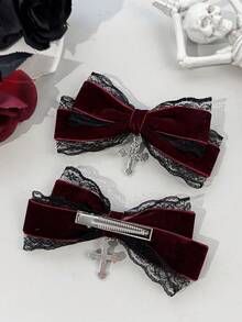 2pcs Women's Lace & Flocked Dark Color Gothic Style Cross Hair Accessories Hair Clips, Suitable For Holiday Dress-Up And Gothic Enthusiasts Daily Wear - Multicolor - View 3