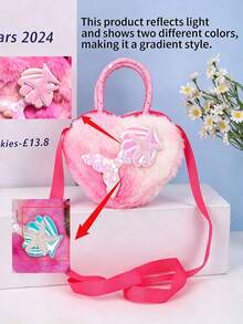 1pc Children's Heart-Shaped Mermaid Tail & Starfish Sequin Decor Plush Detachable Shoulder Strap Large Capacity Cute Style Handbag/Crossbody Bag, Suitable For Parties And Daily Outings - Multicolor - View 5