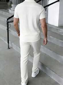 2pcs Men's Turn-Down Collar Button-Up Short Sleeve Top + Elastic Waist Long Pants Pajama Loungewear Set - White - View 5