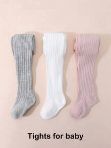 3 Pairs Girls' Solid Color Leggings, Vertical Striped Tights, Simple Versatile Children's Pantyhose, Elastic & Comfortable, All Season - Multicolor - View 5