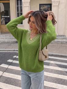 NOVELLE Women's Fresh Lace Lining Patchwork V-Neck Knit Sweater, Autumn Winter Loose Lazy Style Pullover, For Commute, Dating And Daily Going Out - Green - View 1