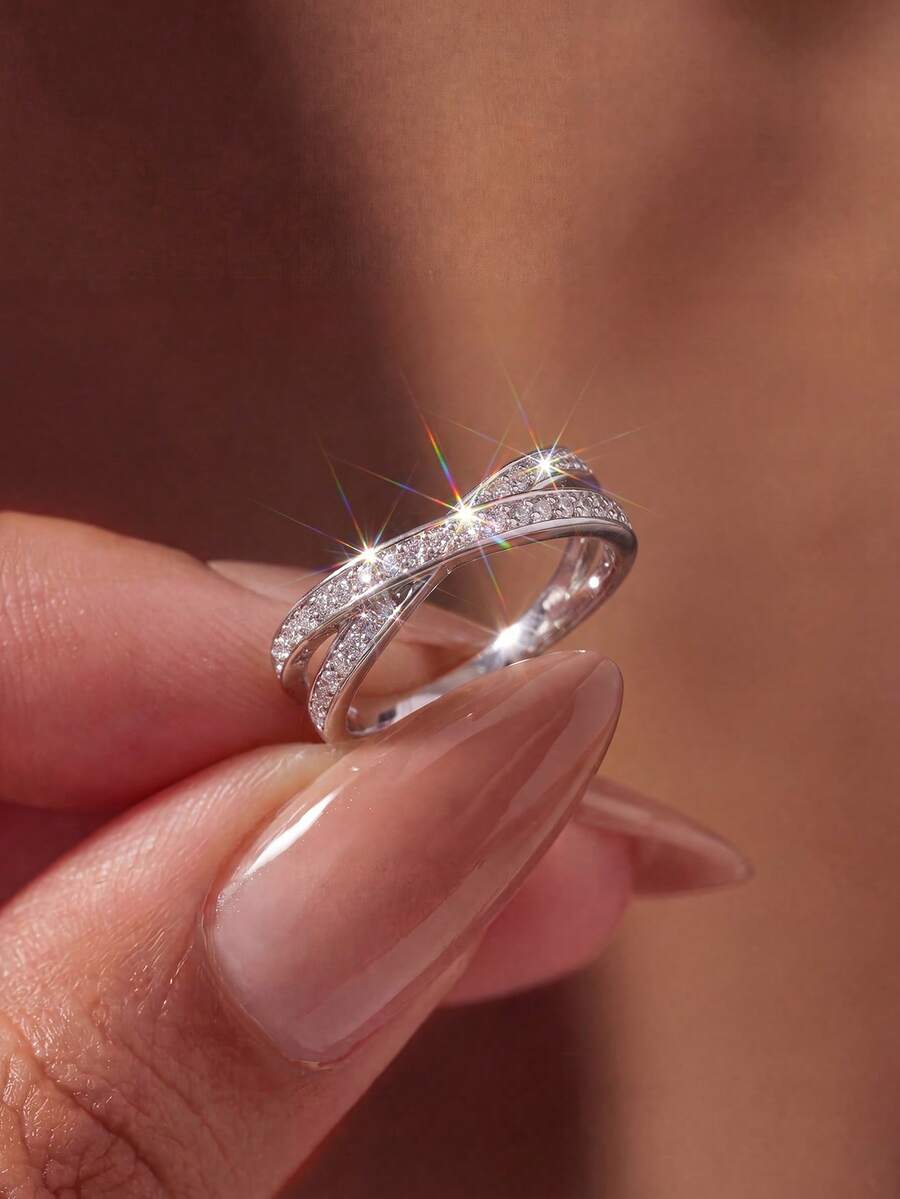 1pc Cross Line Women's Ring, Classic Transparent Shiny, Women's Girls Ring Jewelry, Vintage Fashion Ring Accessory Gift - Double-line Cross Ring - View 1