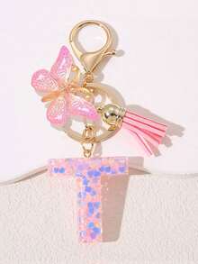 Women's Fashion Initial Keychain With Cute Butterfly Tassel Sequin Resin Letter Key Ring Pendant, Backpack Wallet Handbag Car Key Chain Charm, Valentine's Day Gift For Girlfriend - Pink - View 14