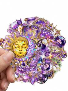 50Pcs Aesthetic Purple Galaxy Witch Decals, Glitter Celestial Crystal & Magic Potion Stickers For Scrapbook Layout, Planner Decor & DIY Stationery Craft - Multicolor - View 1