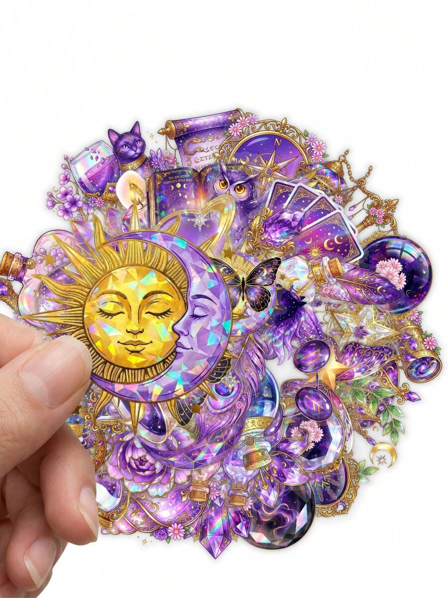 50Pcs Aesthetic Purple Galaxy Witch Decals, Glitter Celestial Crystal & Magic Potion Stickers For Scrapbook Layout, Planner Decor & DIY Stationery Craft - Multicolor - View 1