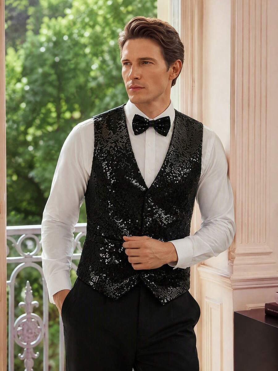 Officeau Men's Shiny Sequin Black Waistcoat, Tuxedos For Wedding/ Evening/ Prom/ Party Stage - Black - View 1