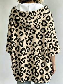 Vintage Leopard Print Plus Size Hooded Sweatshirt For Women, Drop Shoulder 3/4 Sleeve Loose Fit Slimming Tummy-Covering Versatile Casual Top - Apricot - View 2