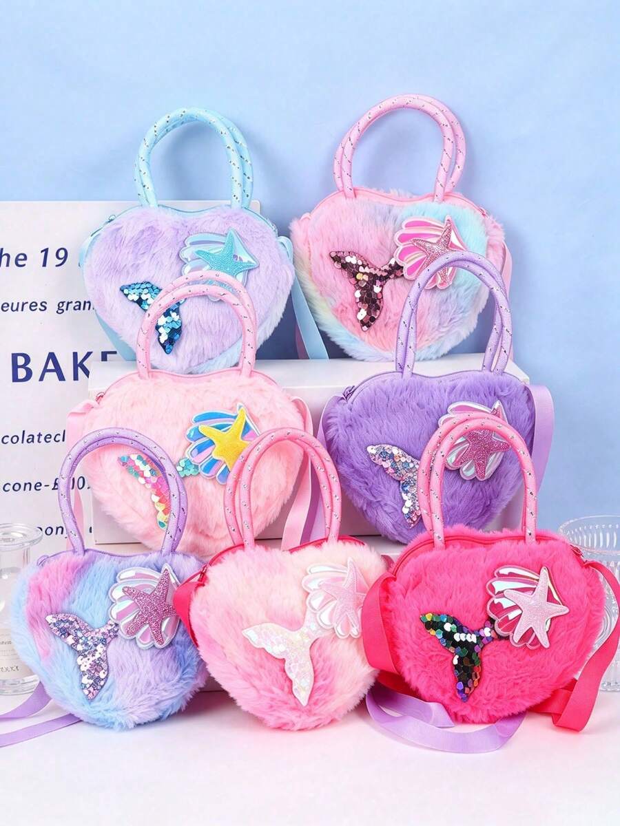 1pc Children's Heart-Shaped Mermaid Tail & Starfish Sequin Decor Plush Detachable Shoulder Strap Large Capacity Cute Style Handbag/Crossbody Bag, Suitable For Parties And Daily Outings - Multicolor - View 1