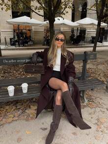 Autumn/Winter New Women's French Style Premium Long Blazer Coat, Oversized Silhouette With Large Lapel, Double-Breasted, Padded Shoulders And Side Slits, Suitable For Urban Street Style, Office And Party Outfits - Burgundy - View 10