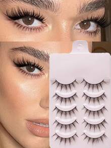 5 Pcs Cat Eye Lashes 5 Pairs Faux Mink Eyelashes Natural Look Fluffy Soft Cross Wispy Full Strip Lashes Eyelash Extension - Black - View 1
