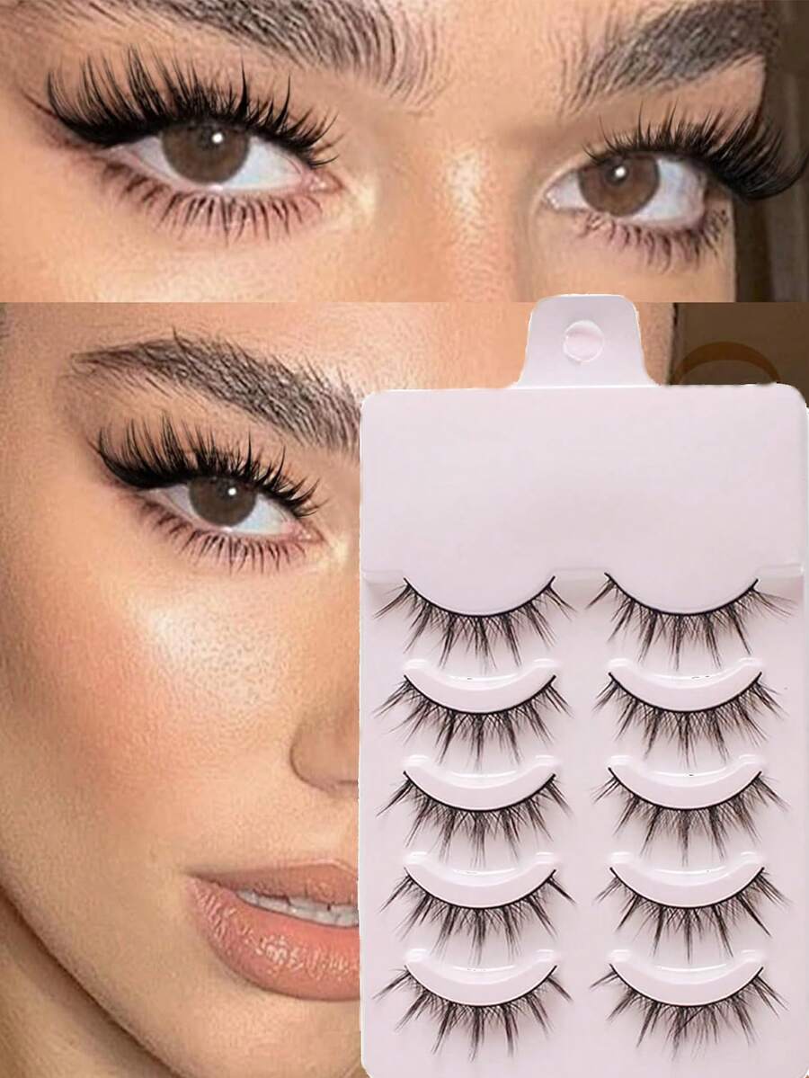 5 Pcs Cat Eye Lashes 5 Pairs Faux Mink Eyelashes Natural Look Fluffy Soft Cross Wispy Full Strip Lashes Eyelash Extension - Black - View 1