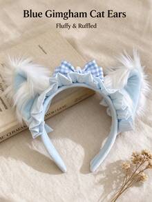 1pc Sweet Lolita Plush Cat Ear Headband With Ruffle And Bow Decoration, Cute Fluffy Animal Ear Hair Accessory For Women Cosplay Party Makeup Hairstyle - Multicolor - View 11
