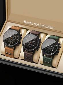 Men's Gift Watch PU Strap Classic Three-Eye Digital Calendar Dial Sports Outdoor Casual Quartz Wristwatch, Gift For Boyfriend (3pcs/Set) Watch Box Not Included - Multicolor - View 1