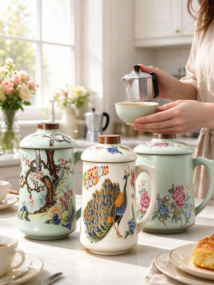 1pc Chinese Vintage Ceramic Tea Cup With Lid, Traditional Peacock And Plum Blossom Pattern Reusable Mug, Large Capacity Tea/Coffee Vessel, Oriental Aesthetic Tabletop Decor, Elegant Gift For Tea Lovers, Suitable For Home And Office Daily Use